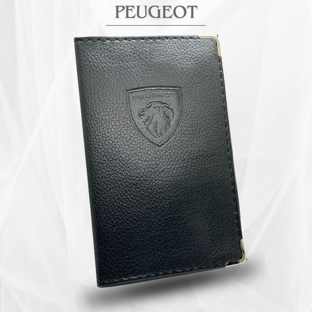 etui carte grise simili cuir de couleur noir avec logo peugeot