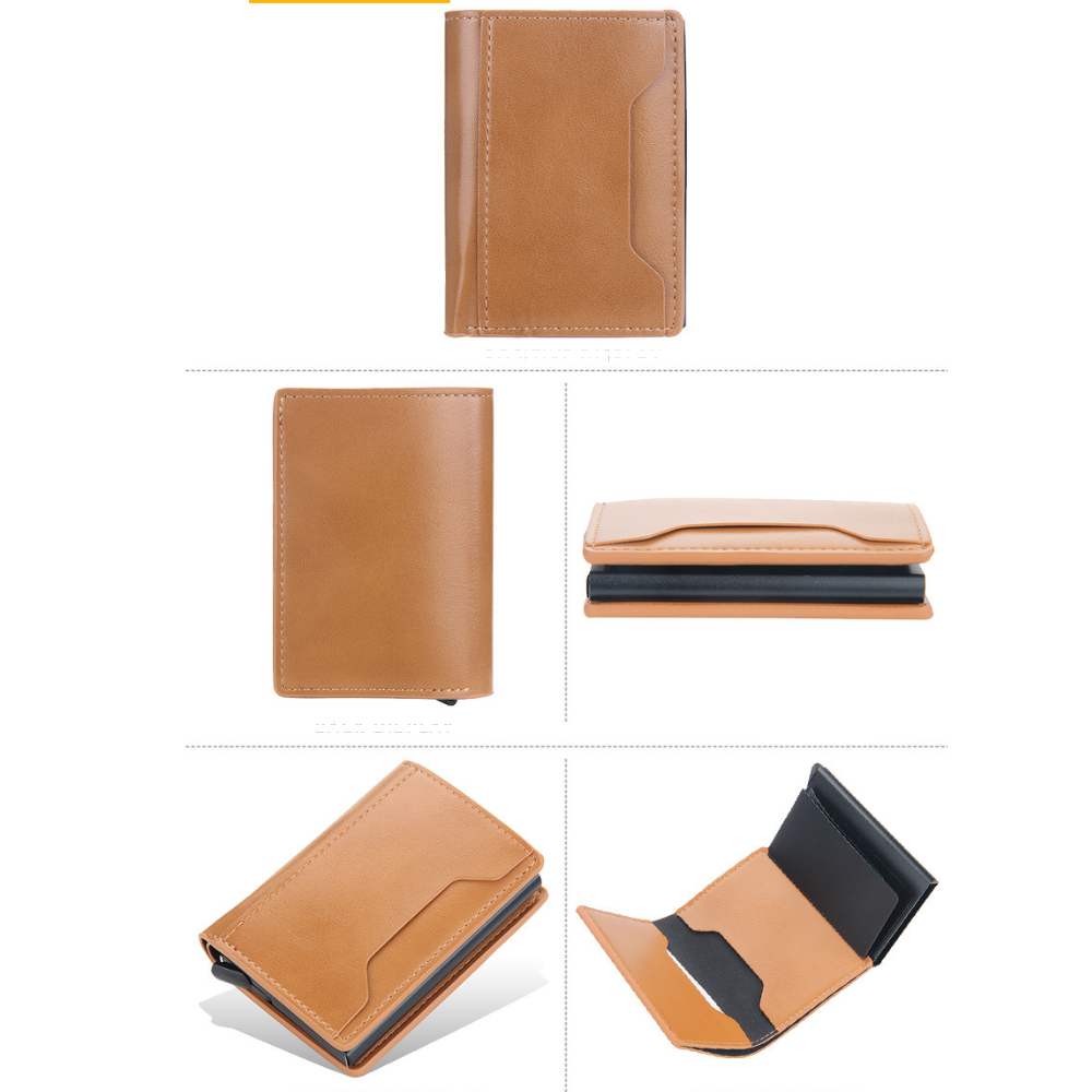 porte cartes de couleur caramel en cuir pu avec plusieurs emplacement pour cartes , billets et reçus