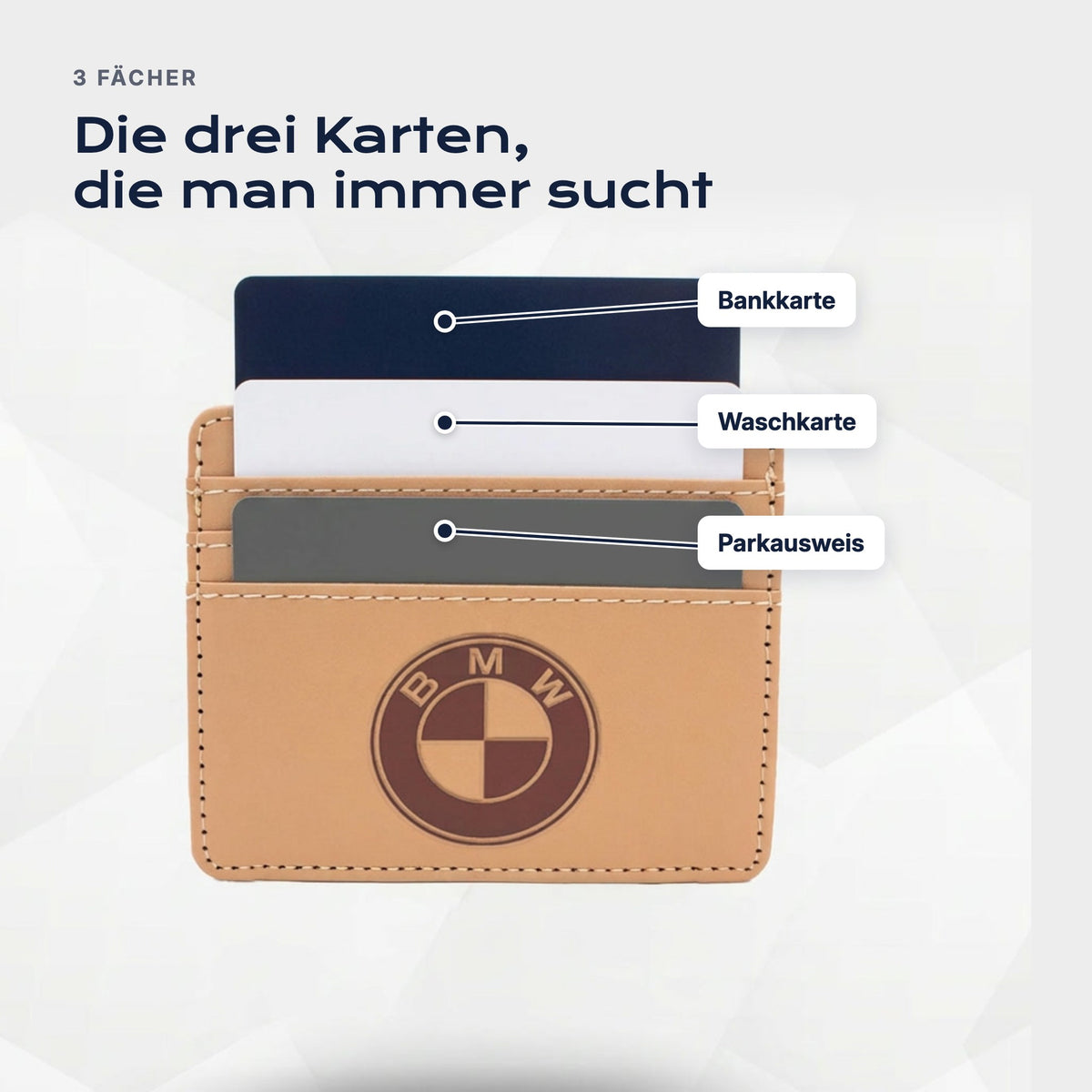Drei Fächer: Bankkarte, Waschkarte, Parkausweis