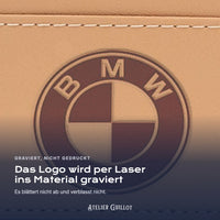 Logo BMW, per Laser in Kunstleder graviert