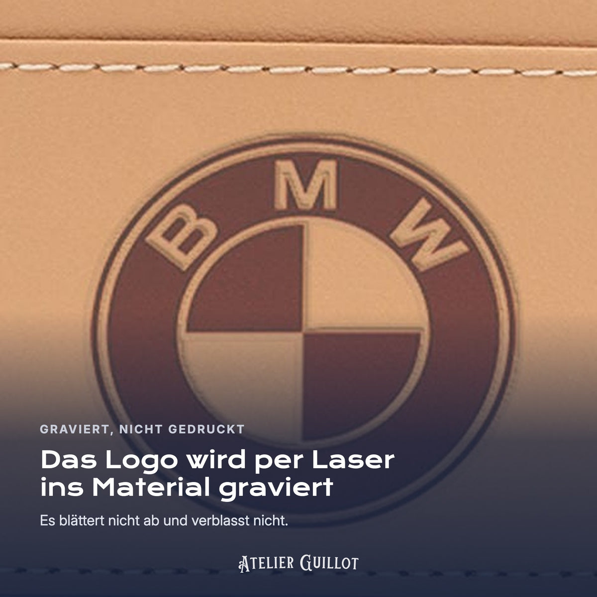 Logo BMW, per Laser in Kunstleder graviert