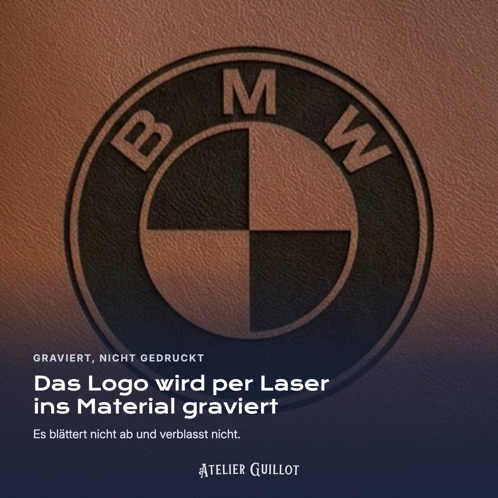 Logo BMW, per Laser in Kunstleder graviert