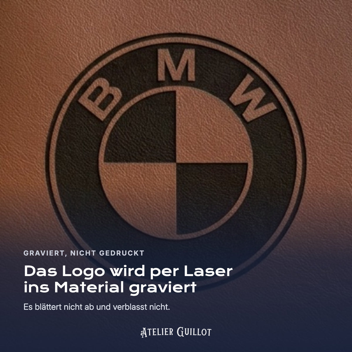 Logo BMW, per Laser in Kunstleder graviert