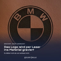 Logo BMW, per Laser in Kunstleder graviert