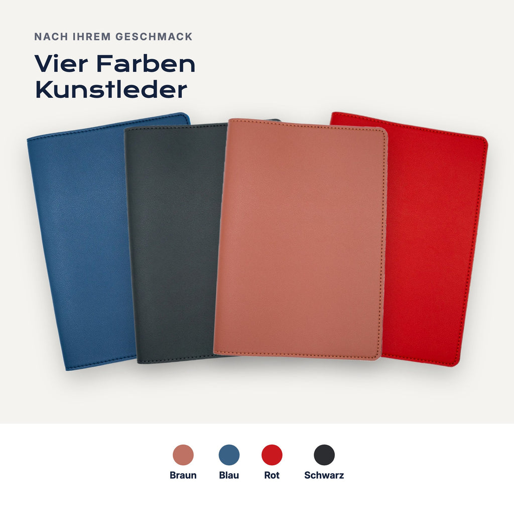 Vier Kunstleder-Farben: Braun, Blau, Rot, Schwarz