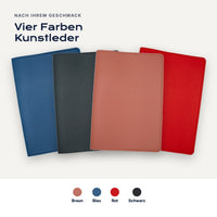 Vier Kunstleder-Farben: Braun, Blau, Rot, Schwarz