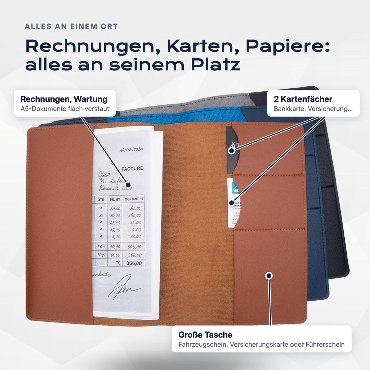 Innenansicht der Fahrzeugmappe: A5-Rechnungen, 2 Kartenfächer, große Tasche für den Fahrzeugschein