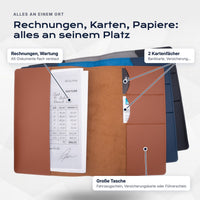 Innenansicht der Fahrzeugmappe: A5-Rechnungen, 2 Kartenfächer, große Tasche für den Fahrzeugschein