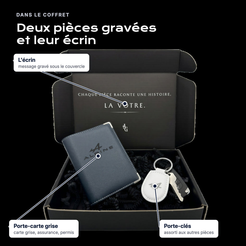 Coffret Essentiel Conducteur ouvert : porte-carte grise et porte-clés gravés, et leur écrin
