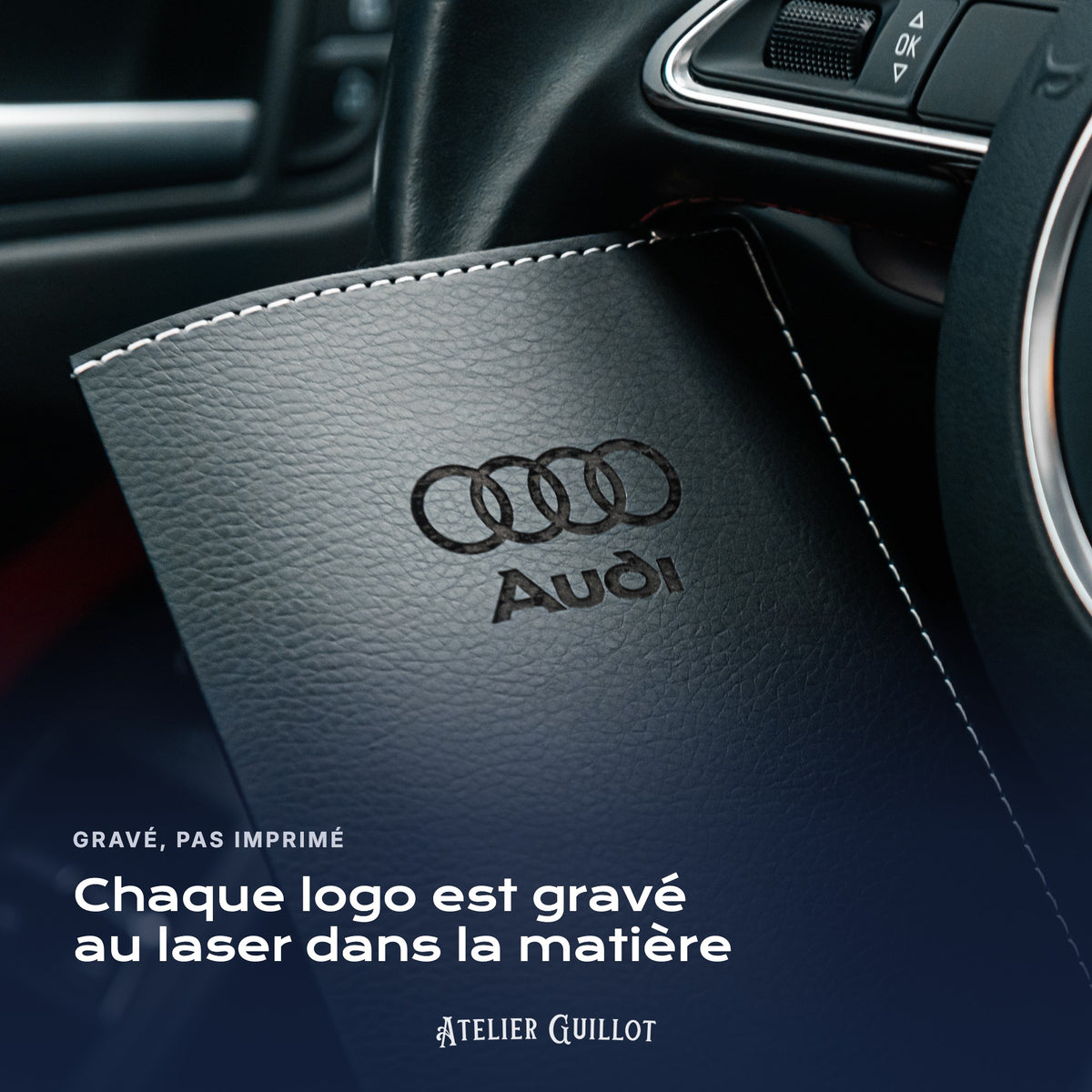 Logo gravé au laser sur un porte-carte grise en simili cuir