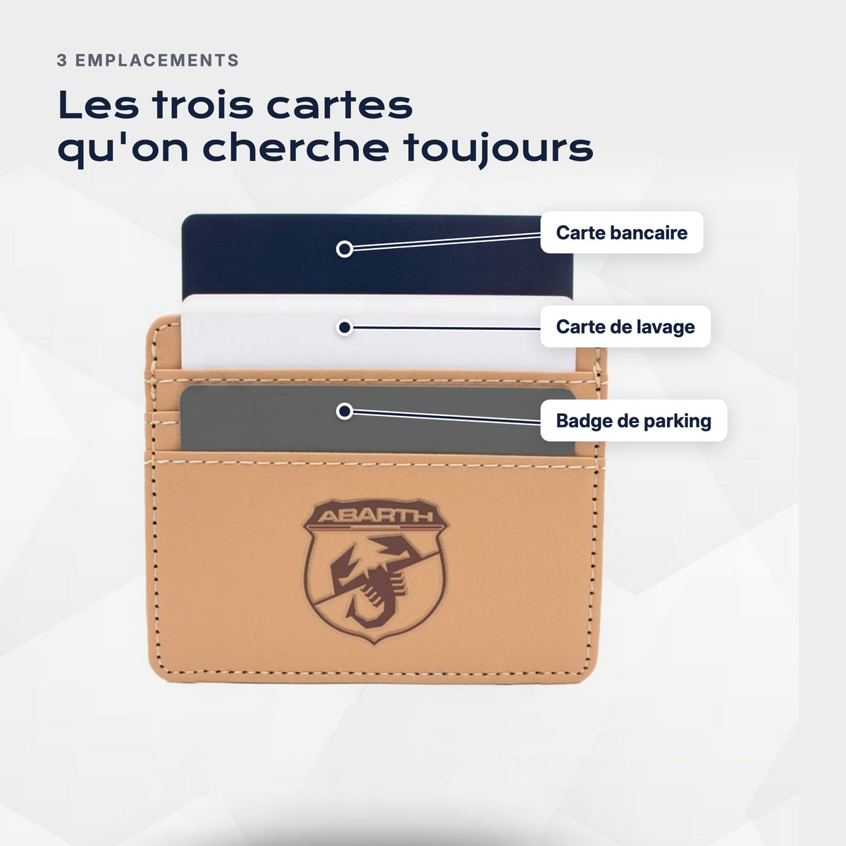 Trois emplacements : carte bancaire, carte de lavage, badge de parking