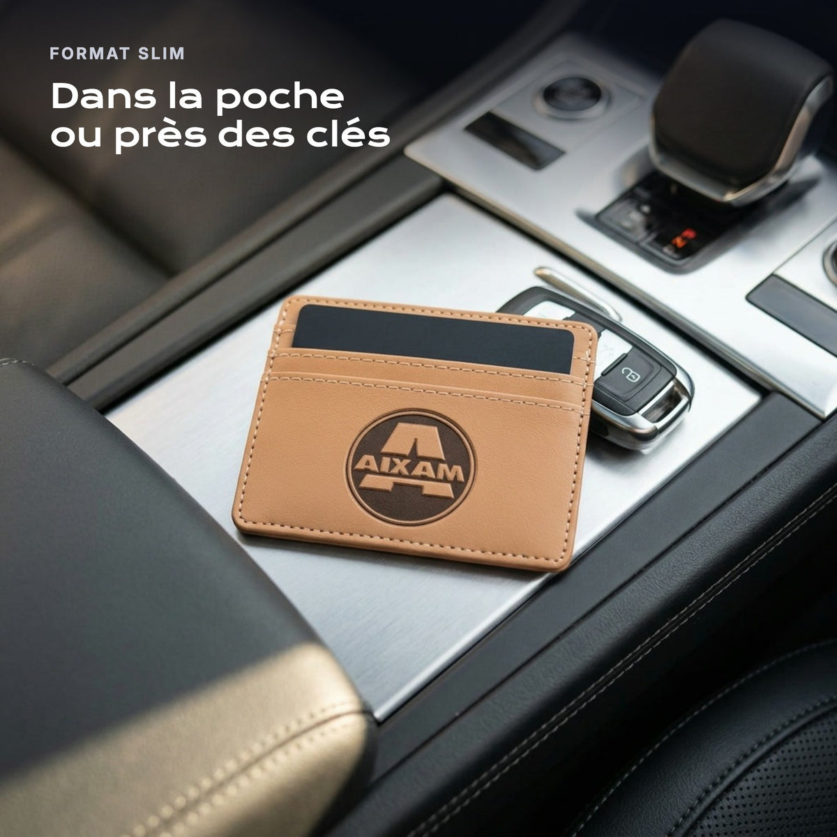 Porte-carte bancaire Aixam près d'une clé, format slim