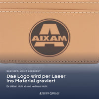Logo Aixam, per Laser in Kunstleder graviert