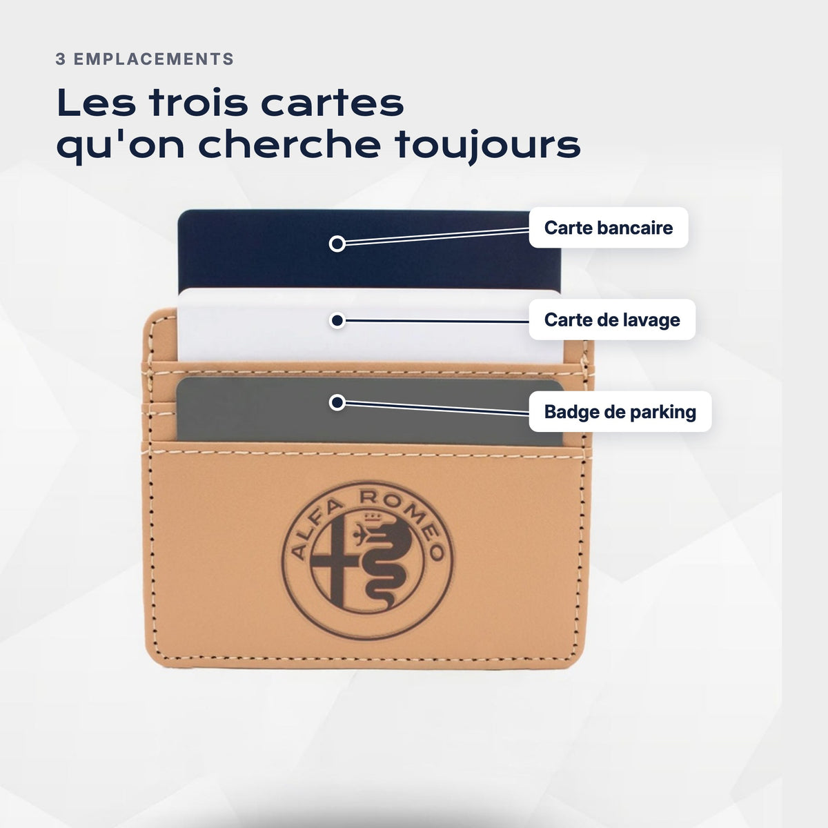 Trois emplacements : carte bancaire, carte de lavage, badge de parking