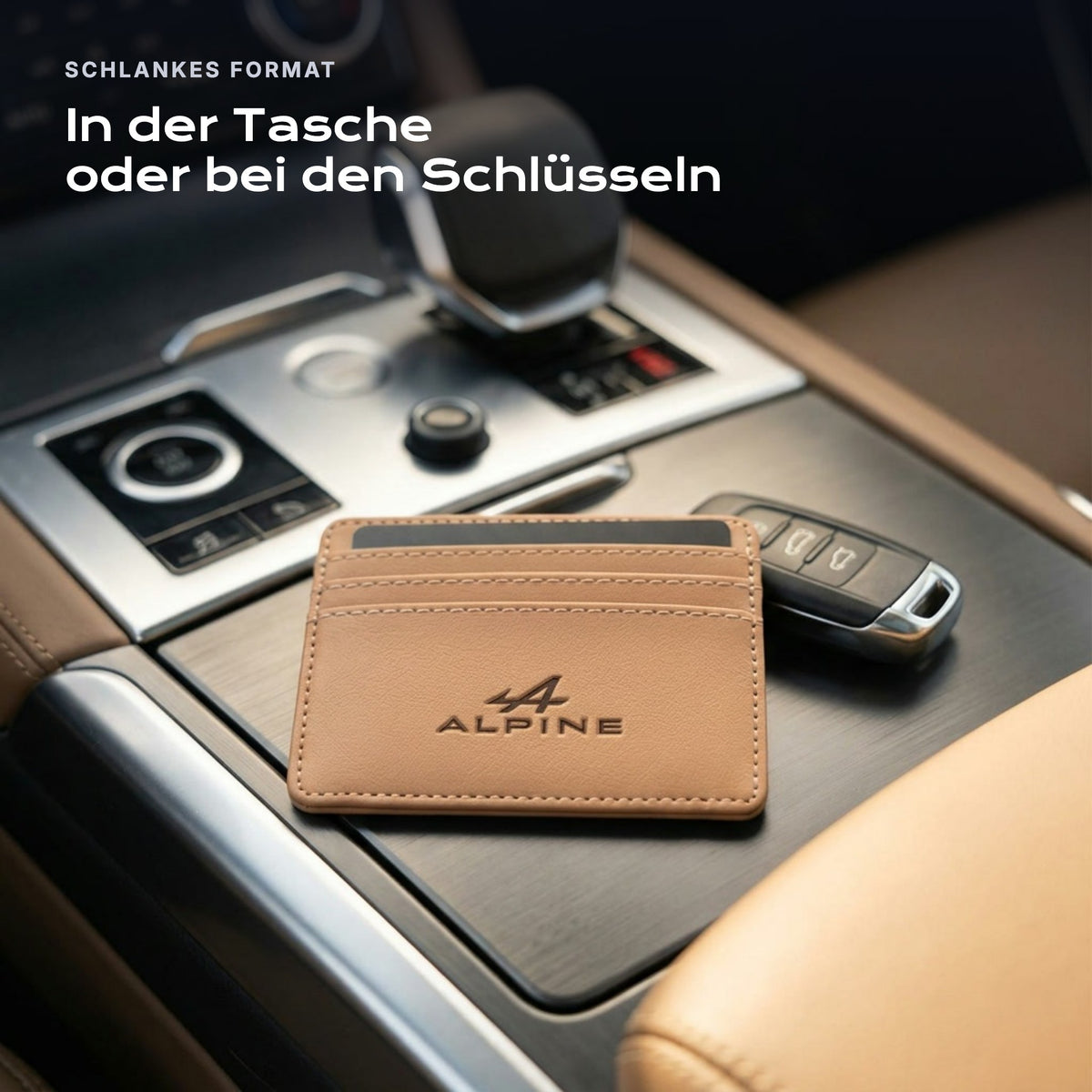 Kartenetui Alpine neben einem Schlüssel, schlankes Format