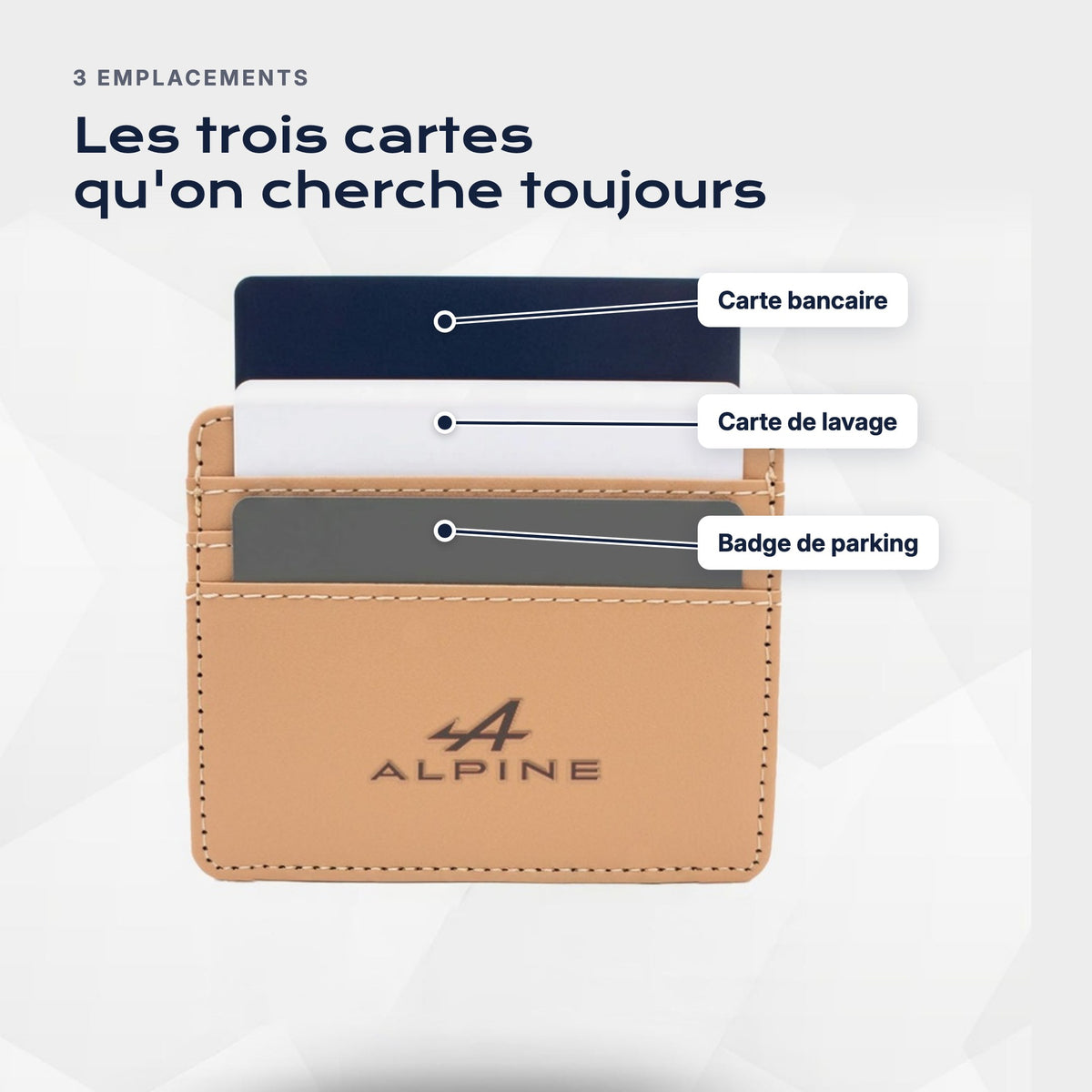 Trois emplacements : carte bancaire, carte de lavage, badge de parking