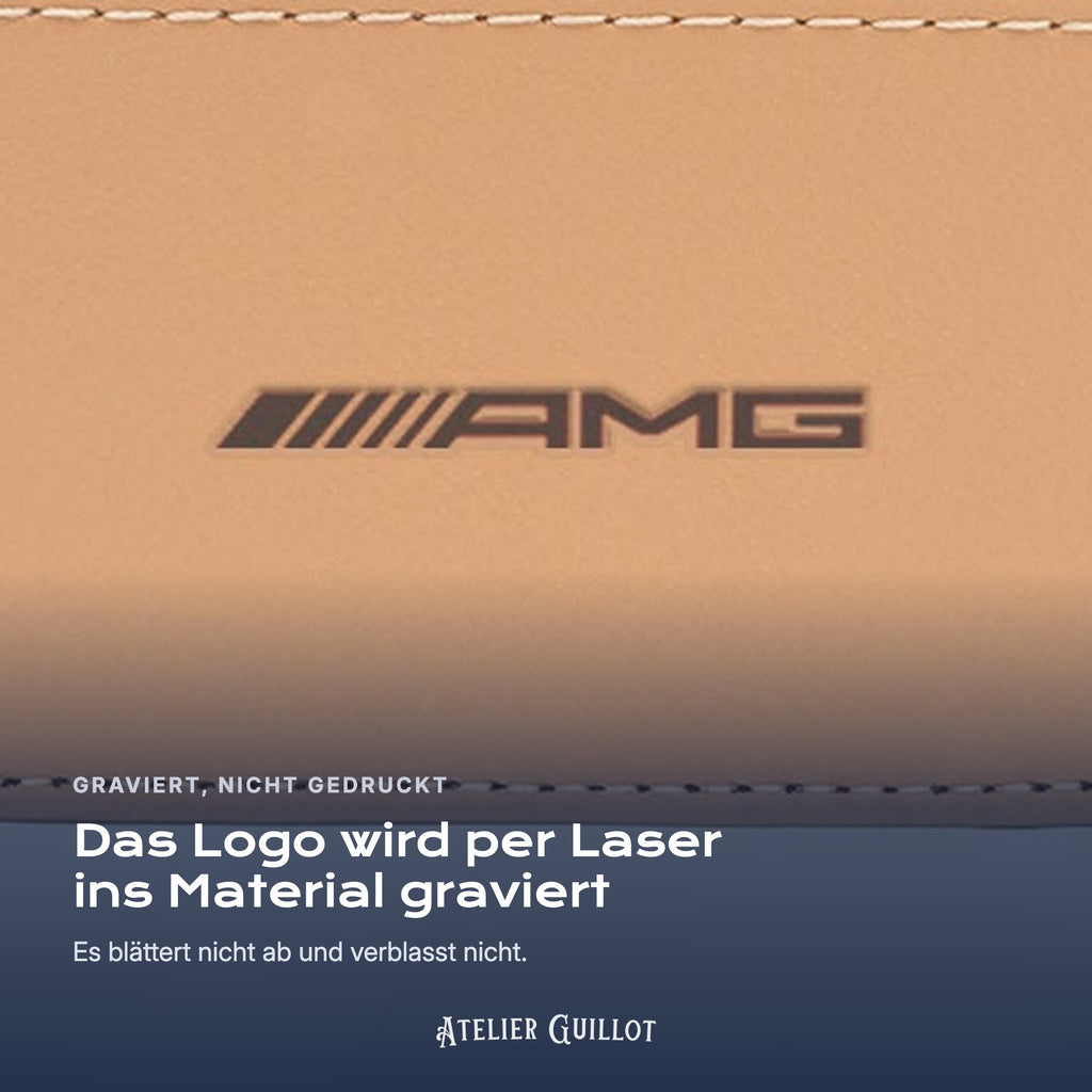 Logo AMG, per Laser in Kunstleder graviert