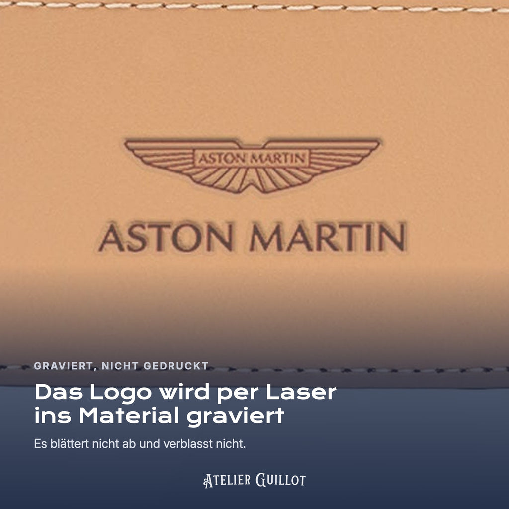 Logo Aston-Martin, per Laser in Kunstleder graviert