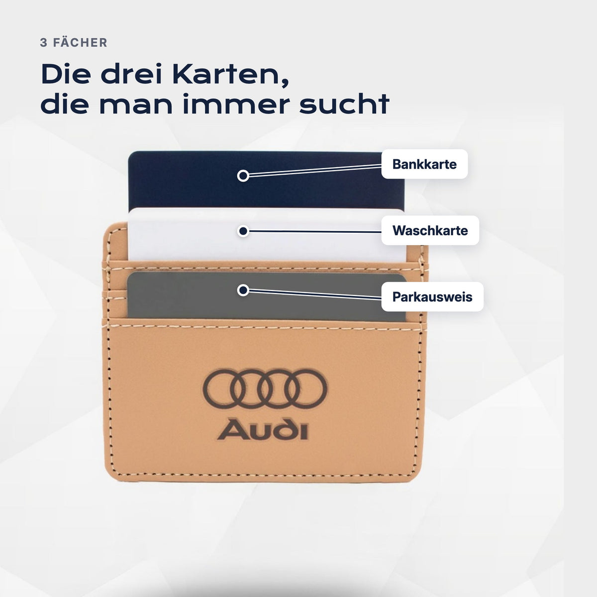 Drei Fächer: Bankkarte, Waschkarte, Parkausweis