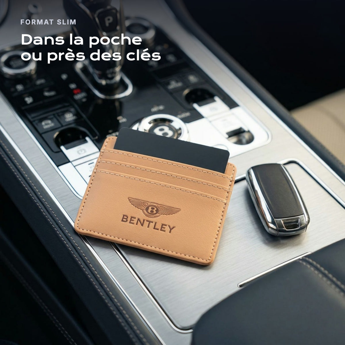 Porte-carte bancaire Bentley près d'une clé, format slim