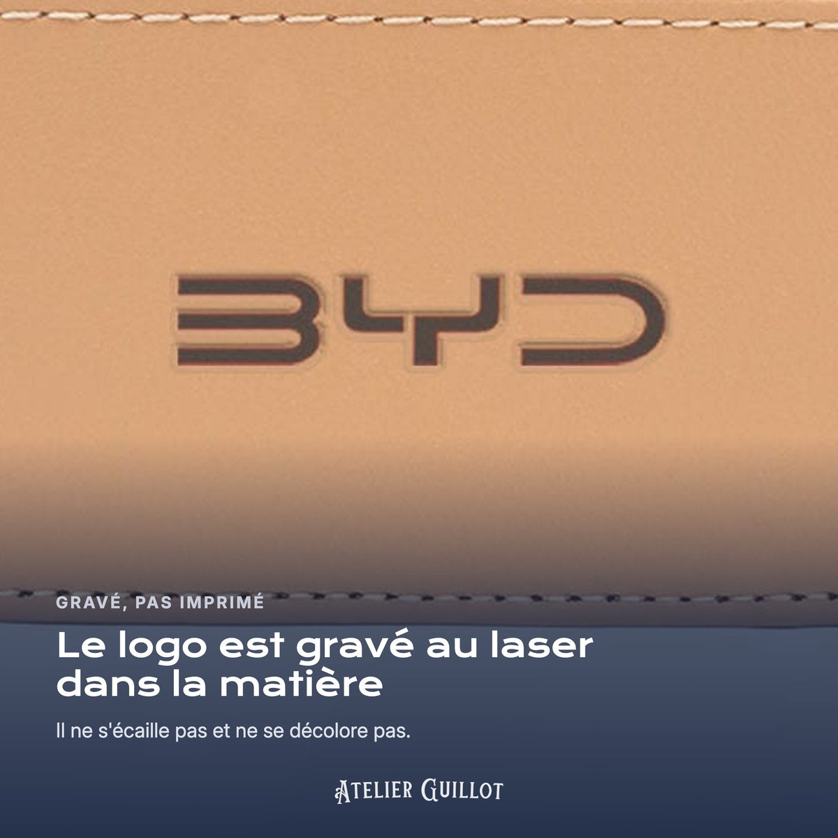 Logo BYD gravé au laser dans le simili cuir