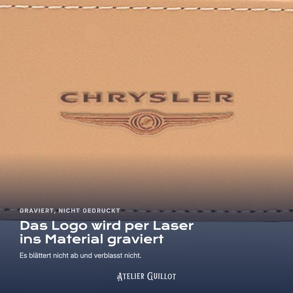 Logo Chrysler, per Laser in Kunstleder graviert
