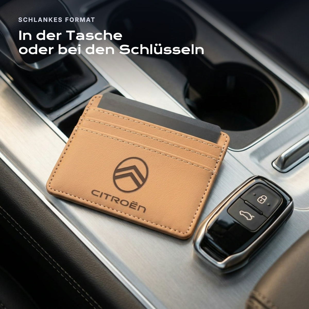 Kartenetui Citroën neben einem Schlüssel, schlankes Format