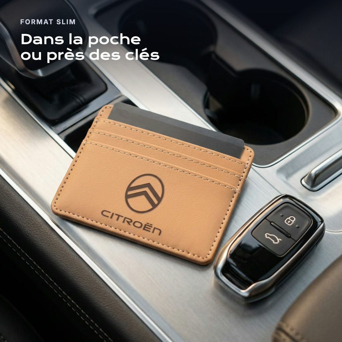 Porte-carte bancaire Citroën près d'une clé, format slim