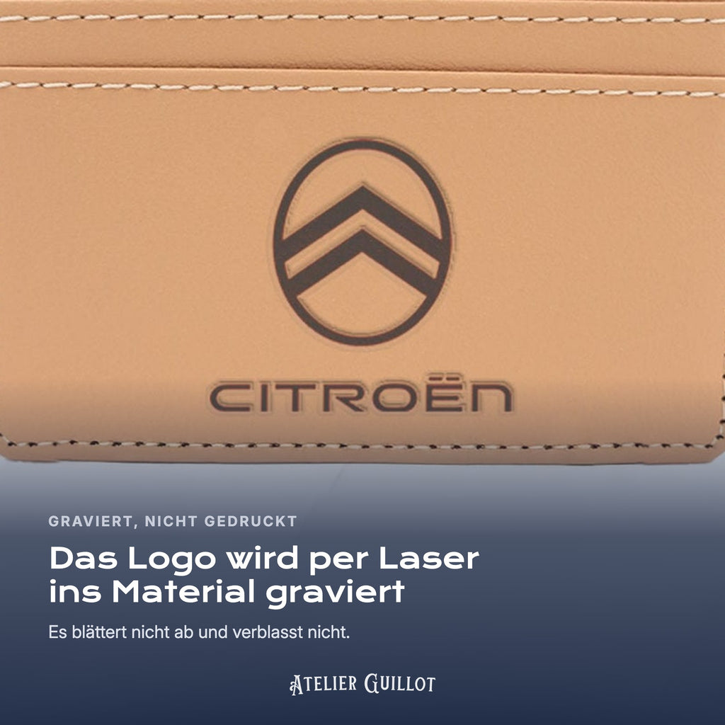 Logo Citroën, per Laser in Kunstleder graviert