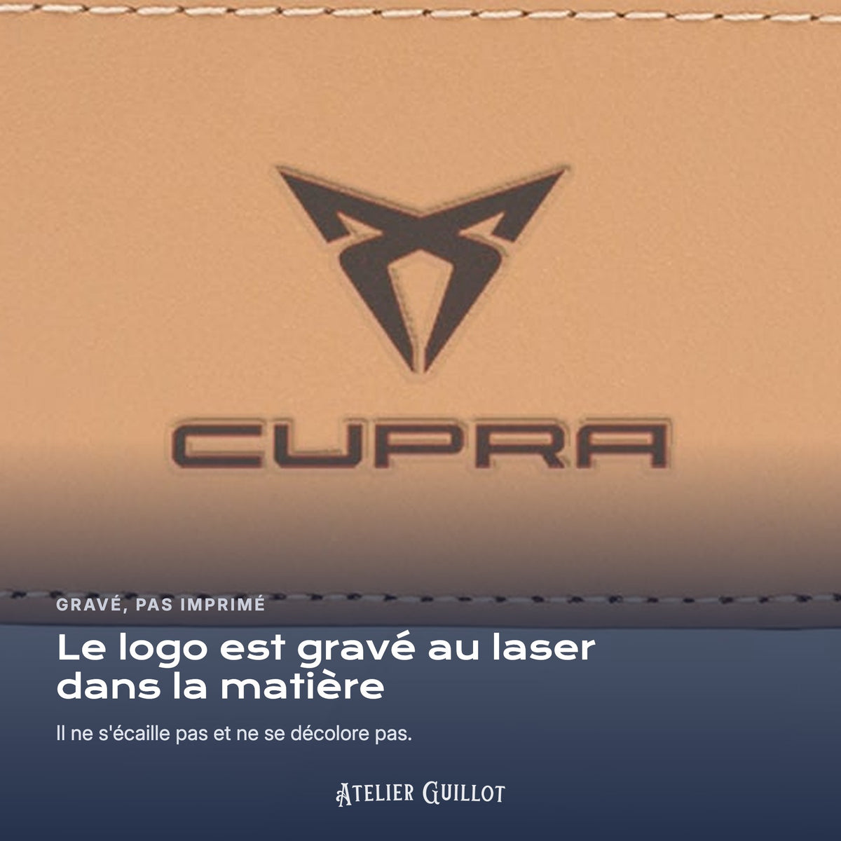 Logo Cupra gravé au laser dans le simili cuir