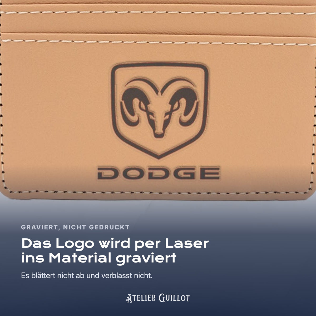 Logo Dodge, per Laser in Kunstleder graviert