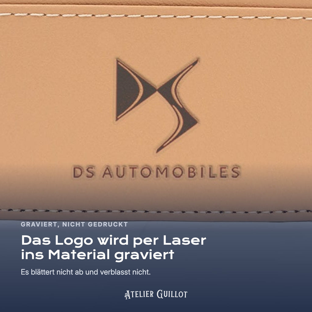 Logo DS Automobiles, per Laser in Kunstleder graviert