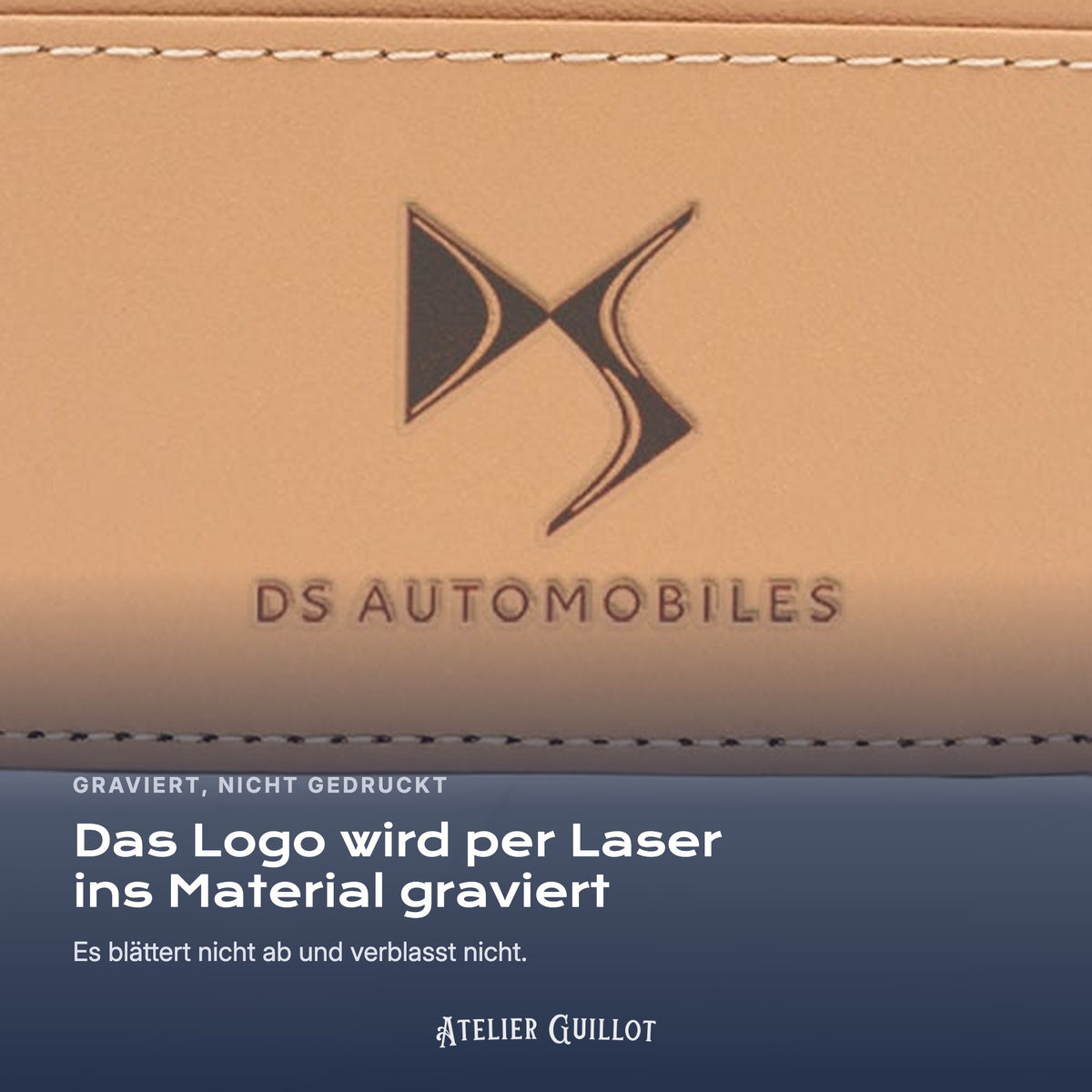 Logo DS Automobiles, per Laser in Kunstleder graviert