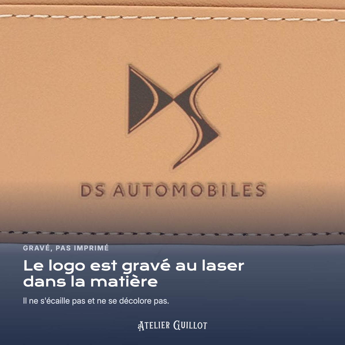 Logo DS Automobiles gravé au laser dans le simili cuir