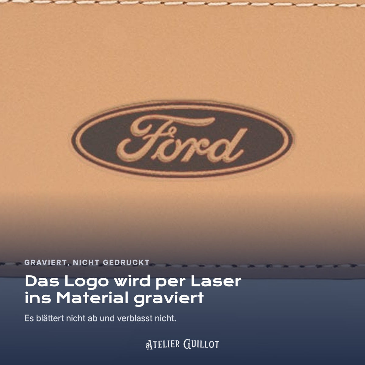 Logo Ford, per Laser in Kunstleder graviert