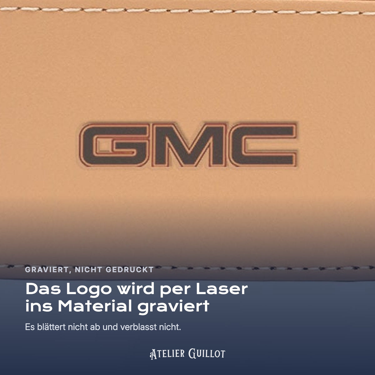 Logo GMC, per Laser in Kunstleder graviert