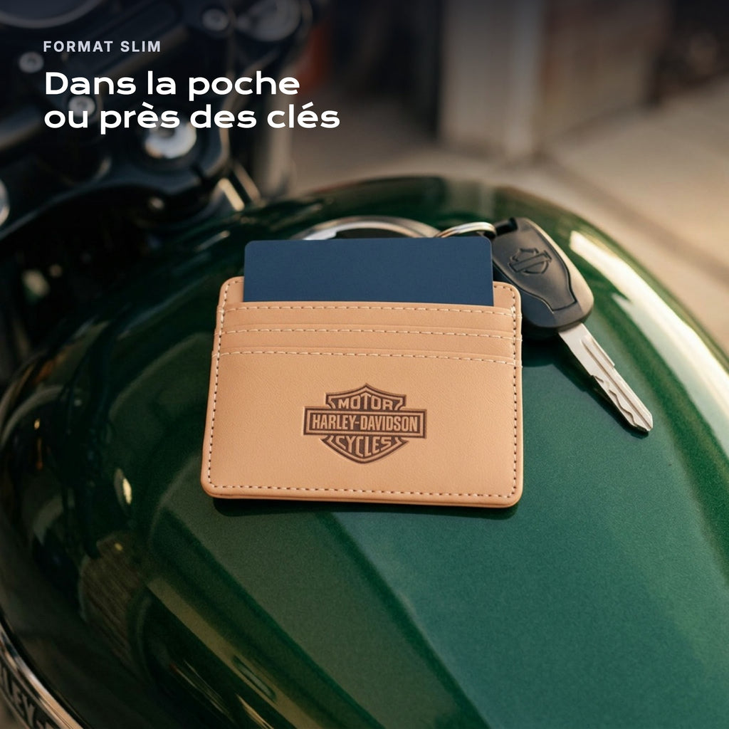 Porte-carte bancaire Harley-Davidson près d'une clé, format slim