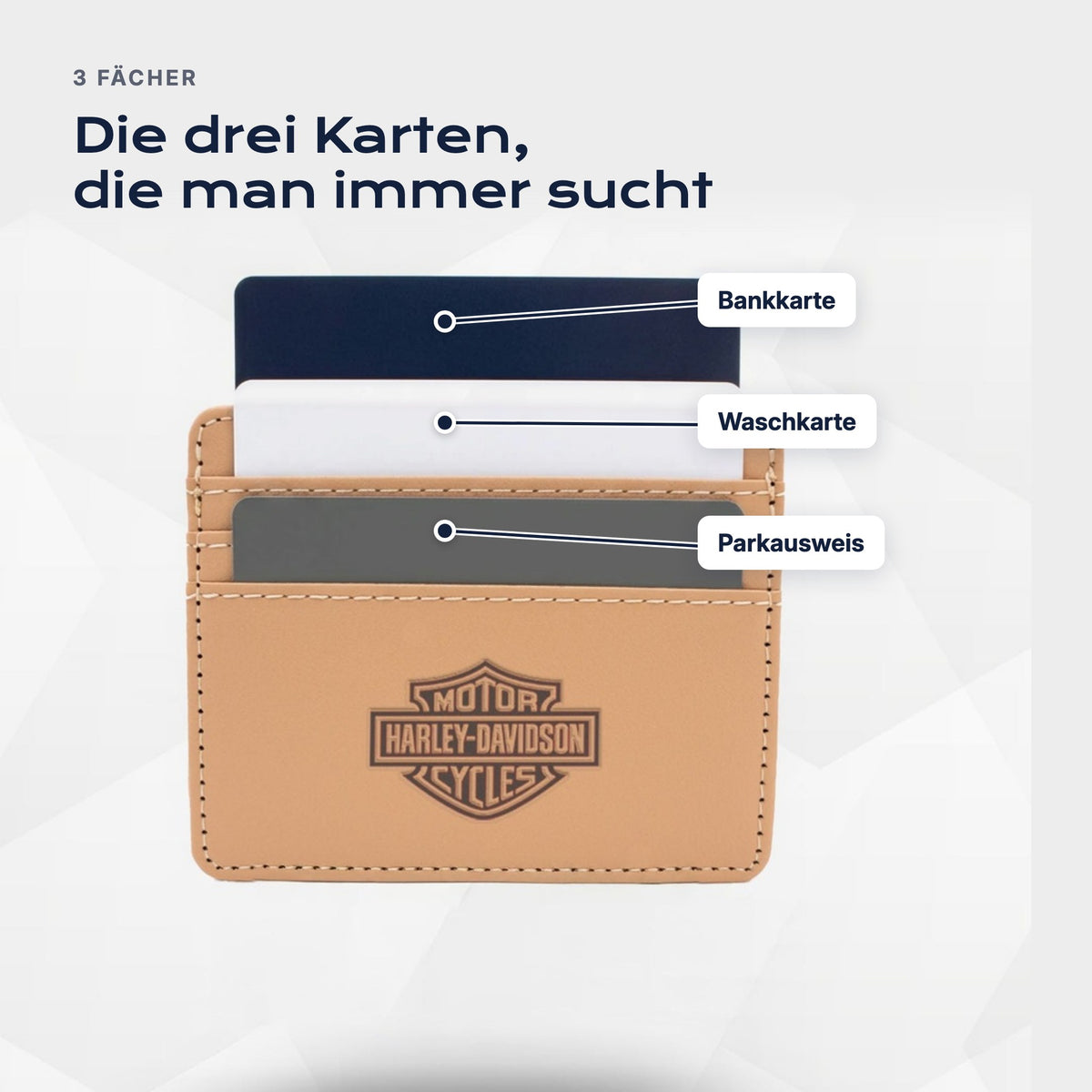 Drei Fächer: Bankkarte, Waschkarte, Parkausweis