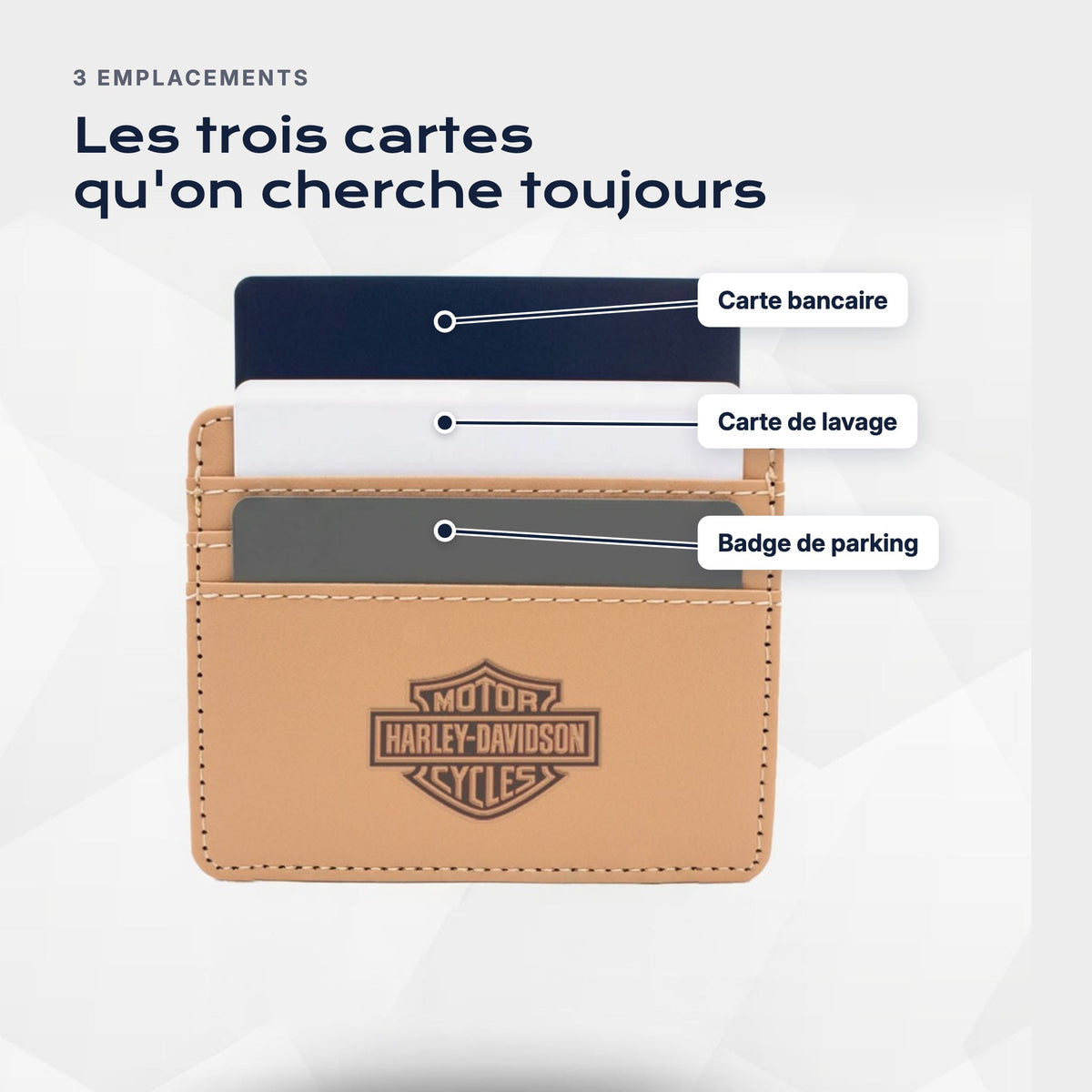 Trois emplacements : carte bancaire, carte de lavage, badge de parking