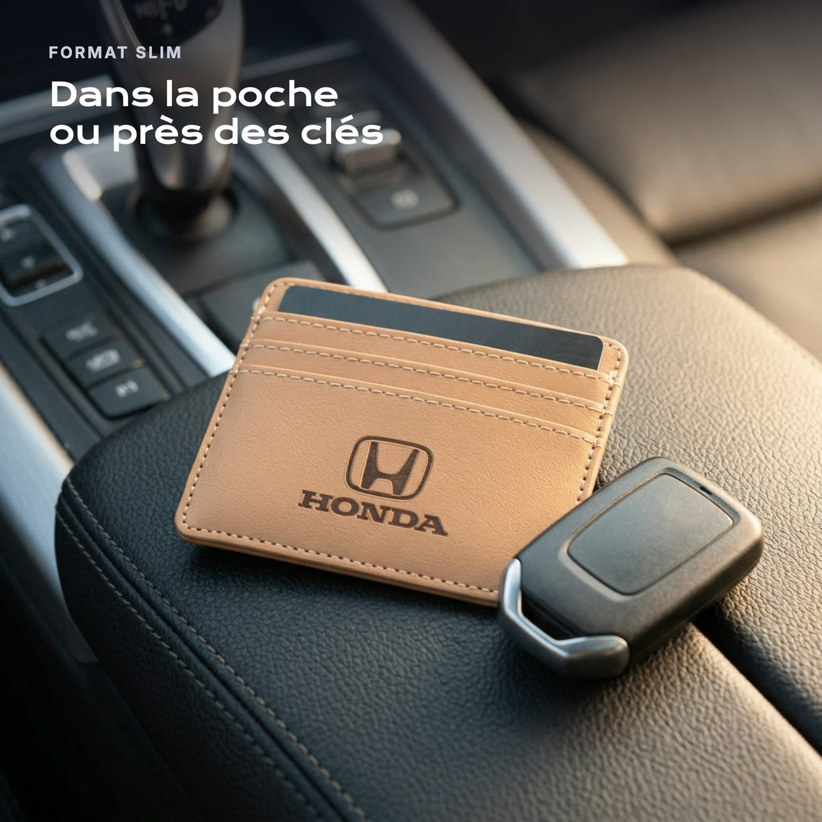 Porte-carte bancaire Honda près d'une clé, format slim
