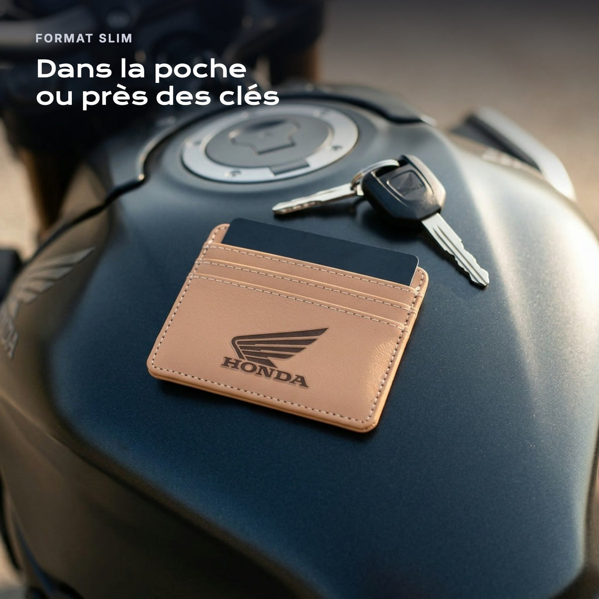 Porte-carte bancaire Honda Moto près d'une clé, format slim
