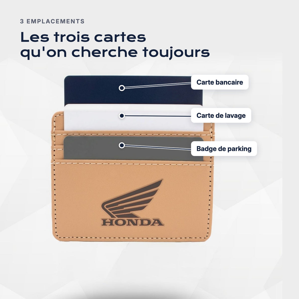 Trois emplacements : carte bancaire, carte de lavage, badge de parking