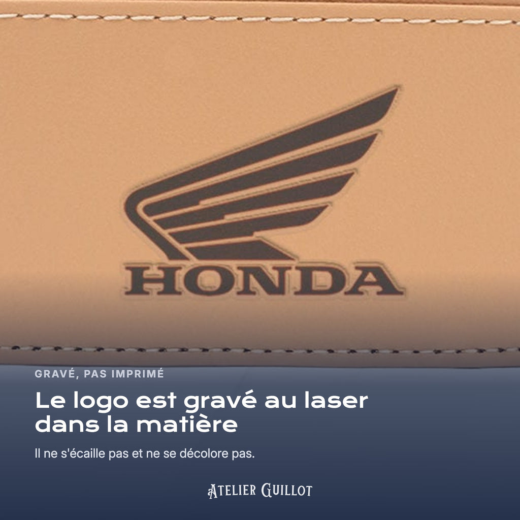 Logo Honda Moto gravé au laser dans le simili cuir