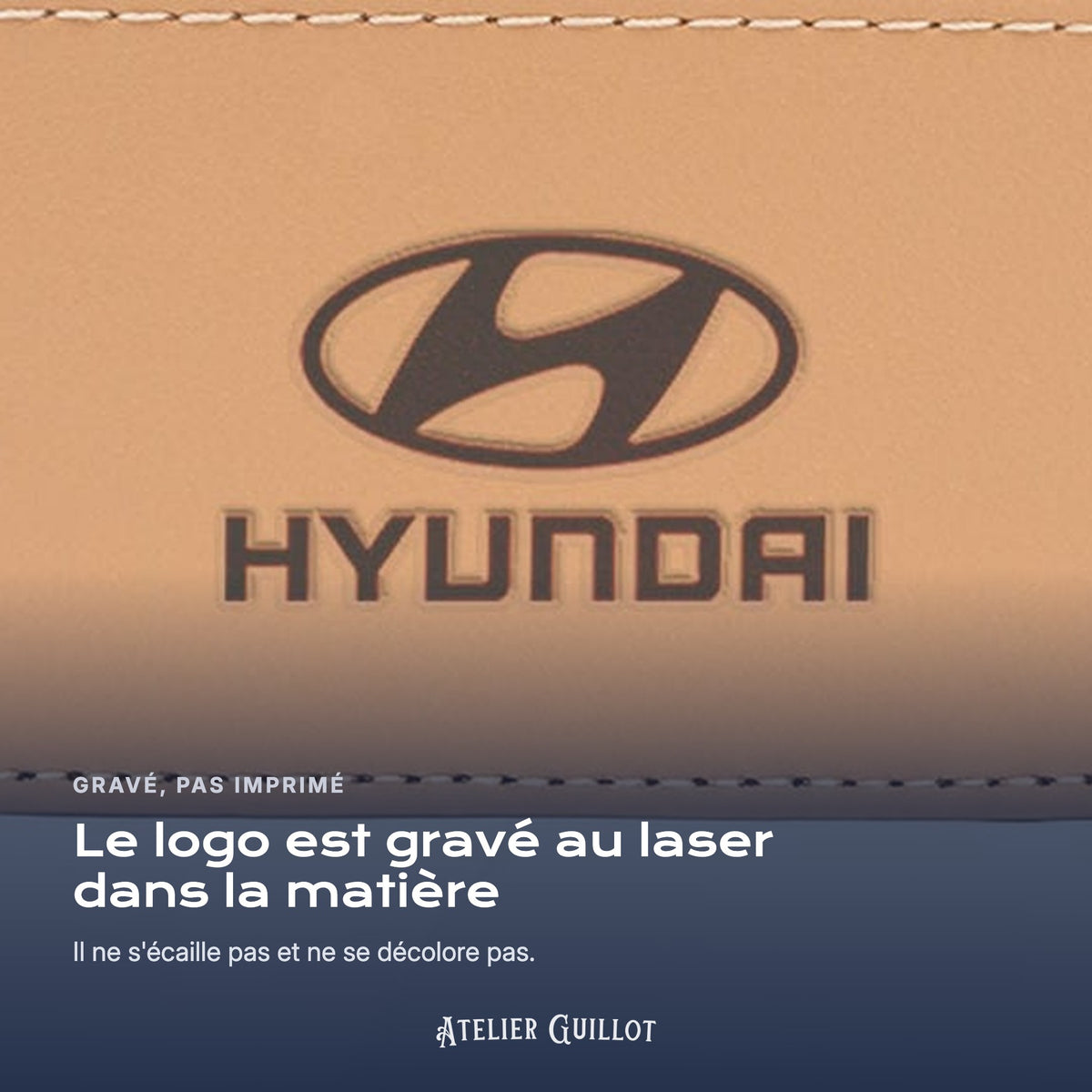 Logo Hyundai gravé au laser dans le simili cuir