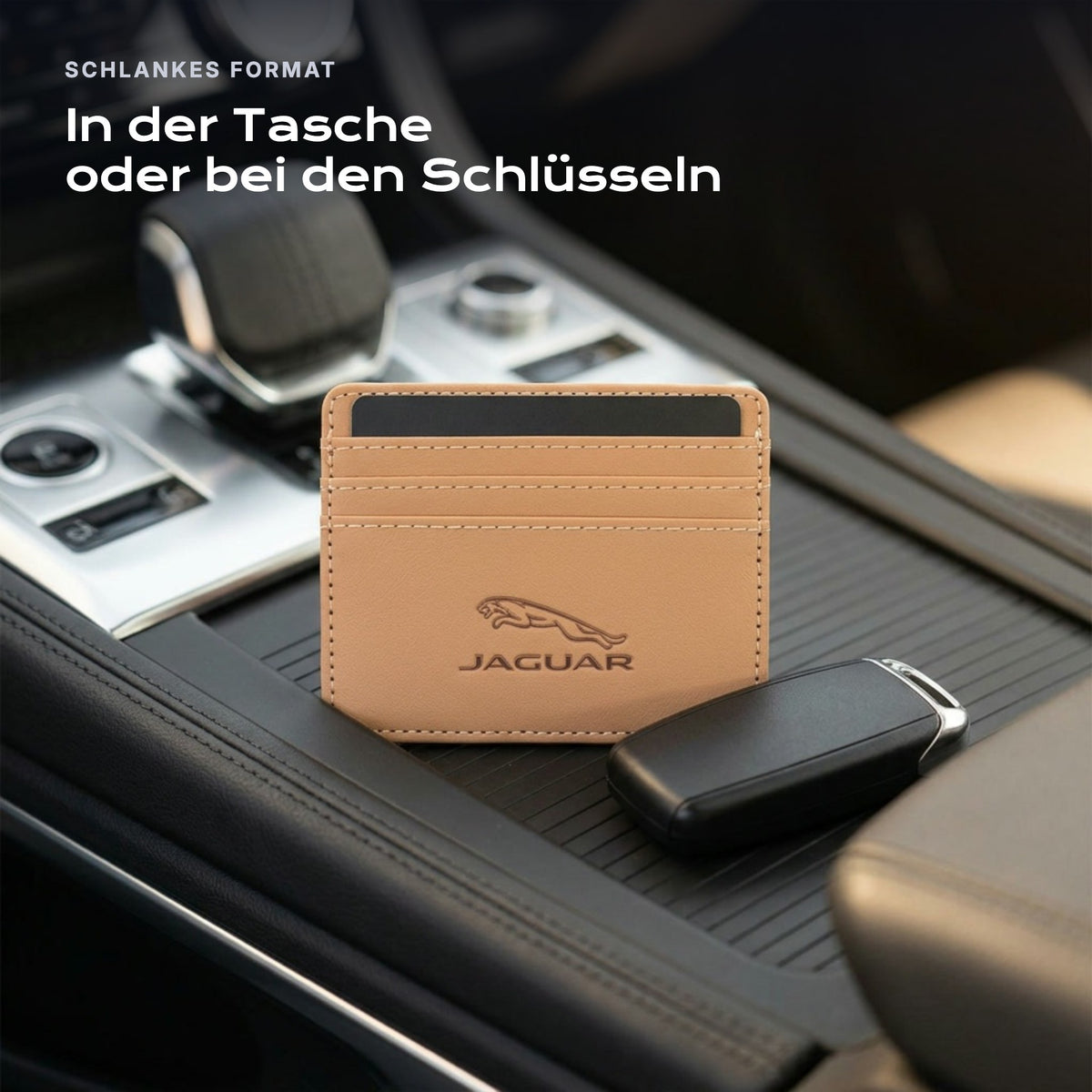 Kartenetui Jaguar neben einem Schlüssel, schlankes Format
