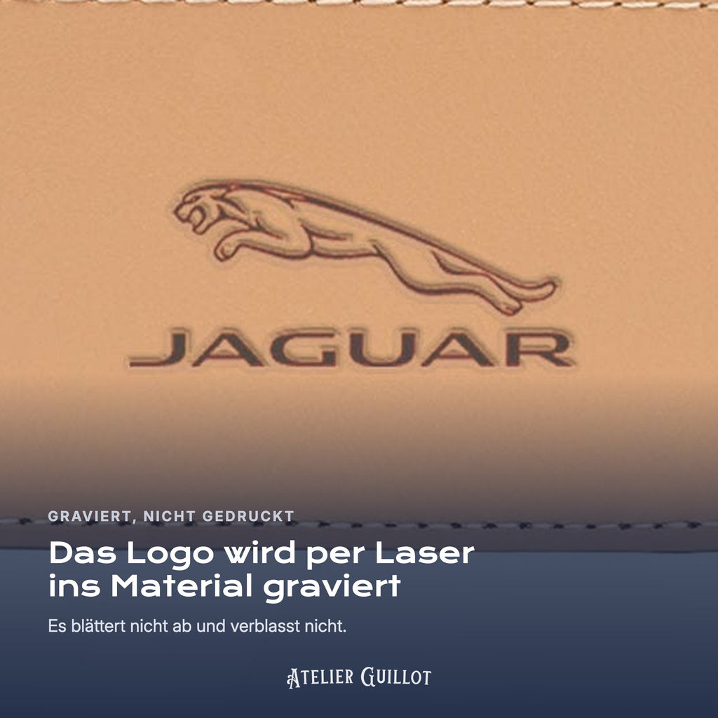 Logo Jaguar, per Laser in Kunstleder graviert