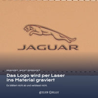 Logo Jaguar, per Laser in Kunstleder graviert