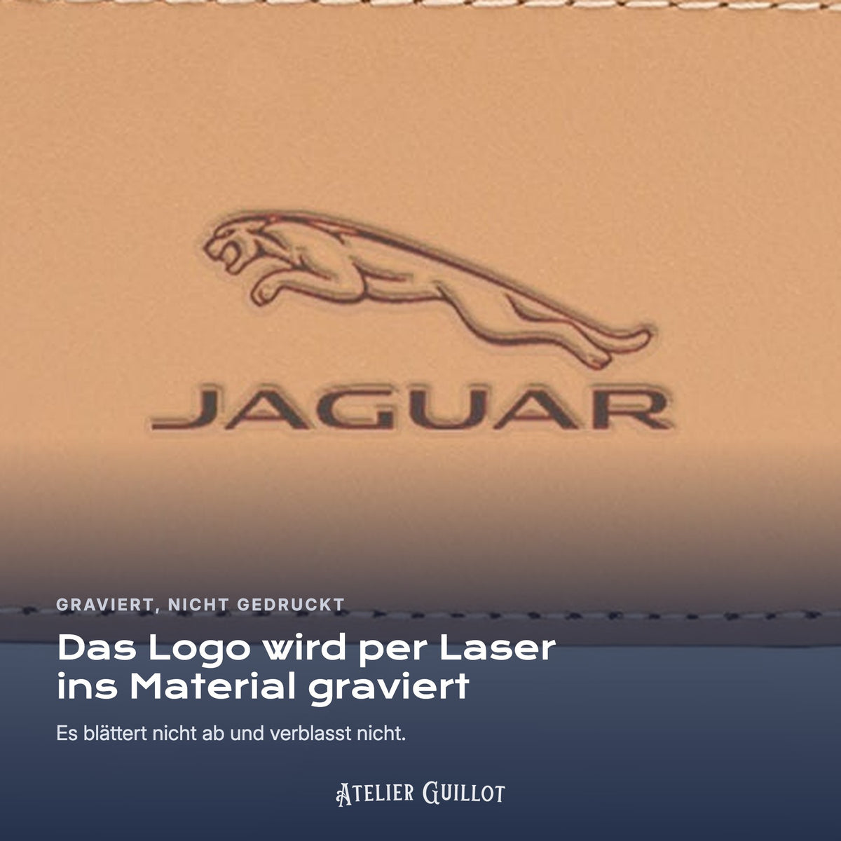 Logo Jaguar, per Laser in Kunstleder graviert