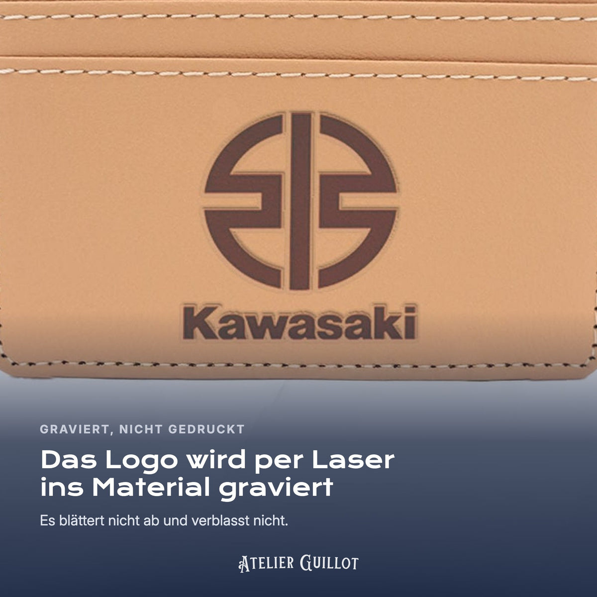 Logo Kawasaki, per Laser in Kunstleder graviert