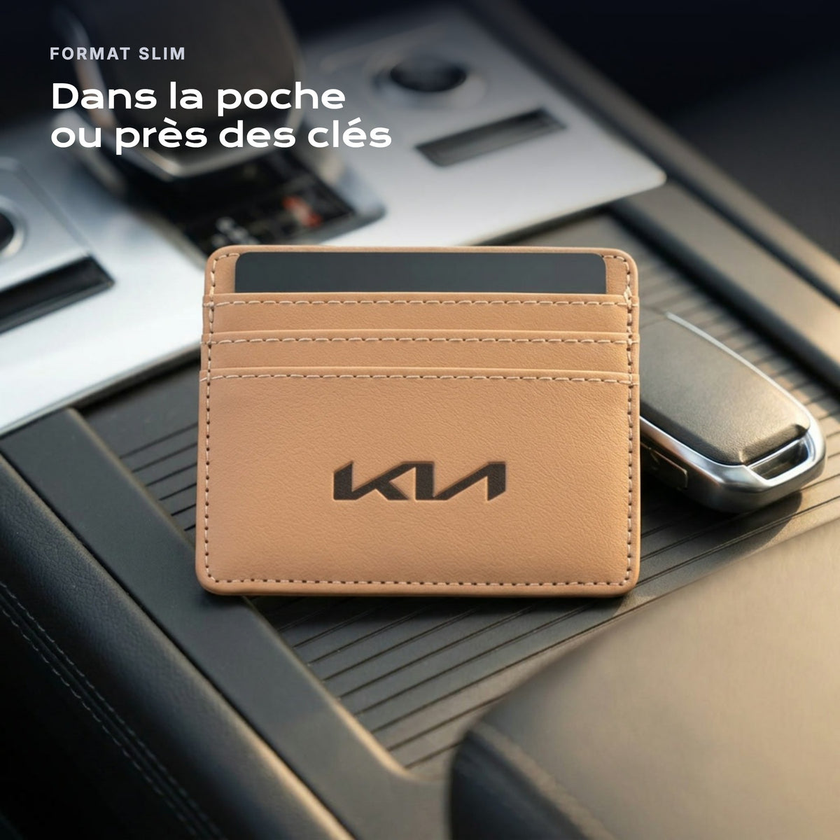 Porte-carte bancaire Kia près d'une clé, format slim